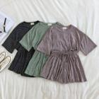 Set: Loose-fit Crewneck Short-sleeve Knit Top + High-waist Wide-leg Shorts