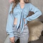 Plain Ribbed Long Sleeve Tie-front Cropped Top