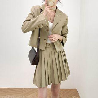 Plain Button-up Blazer/ High-waist Plain Pleated Mini Skirt