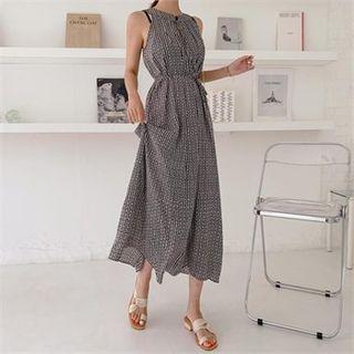 Floral Maxi Halter Dress With Sash Black - One Size