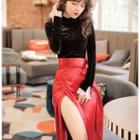 Set: Ruffle Trim Long-sleeve Velvet Top + High-waist Midi A-line Skirt
