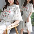 Floral Embroidered Elbow-sleeve A-line Lace Dress