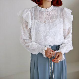 Lace-yoke Ruffled Fringed Blouse