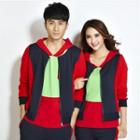 Set: Short-sleeve Color-block Couple Matching T-shirt + Zip Jacket + Sweatpants