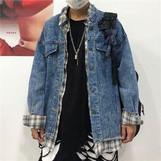 Mock Two-piece Plaid Panel Denim Jacket