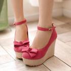 Ankle-strap Bow-accent Wedge Pumps