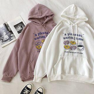 Lettering Print Drawcord Hooded Long-sleeve Fleece Sweatshirt