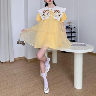 Elbow-sleeve Collar Mesh Overlay Mini A-line Dress