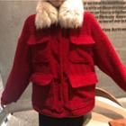 Faux Fur Collar Cargo Jacket Red - One Size