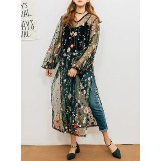 Flower Embroidered Long Sleeve Mesh Dress