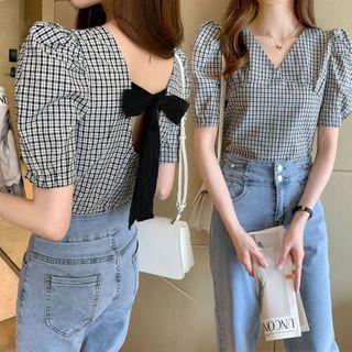 Puff-sleeve Bow Plaid Blouse