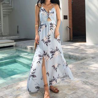 Flower Print Maxi Spaghetti Strap Dress Light Blue - One Size