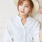 Elbow-sleeve Eyelet Stand Collar Blouse