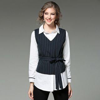 Mock Two-piece Pinstripe Panel Long-sleeve Blouse