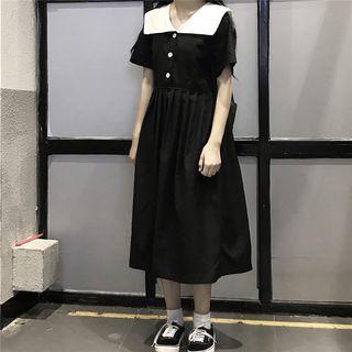 Short-sleeve Midi Pleated A-line Dress Black - One Size