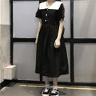 Short-sleeve Midi Pleated A-line Dress Black - One Size