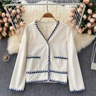 V-neck Big-pocket Color Block Cardigan