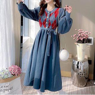 Puff-sleeve Argyle Panel A-line Dress