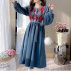 Puff-sleeve Argyle Panel A-line Dress