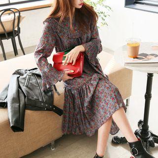 Pleat-trim Floral Chiffon Midi Dress