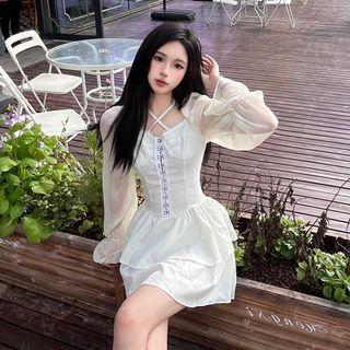 Long-sleeve A-line Dress Dress - White - One Size