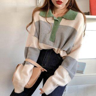 Long-sleeve Color Block Polo Knit Top As Shown In Figure - One Size