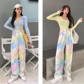 Long-sleeve Plain Slim-fit Top / Tie-dyed High-waist Pants