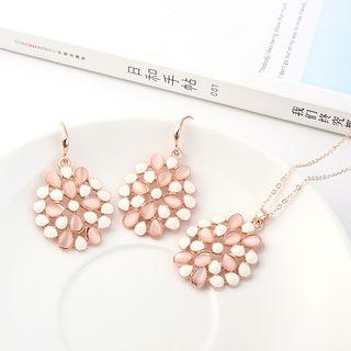 Set: Cat Eye Stone Pendant Necklace + Dangle Earring Set - 1 Pc Necklace & 1 Pair Earring - One Size