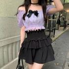 Off-shoulder Bow Top / Tiered Mini Skirt