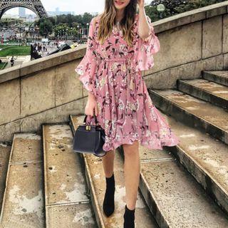 Bell-sleeve Floral Print Ruffled Mini Dress