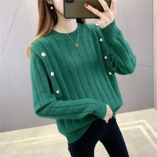 Faux Pearl Studded Ribbed Sweater