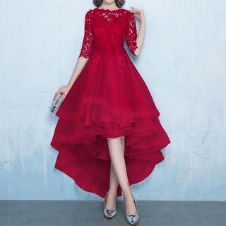 Lace Panel Elbow-sleeve A-line Cocktail Dress