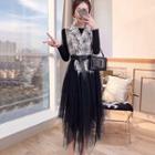 Set: Long-sleeve T-shirt + Sleeveless Plaid Paneled Mesh A-line Midi Dress