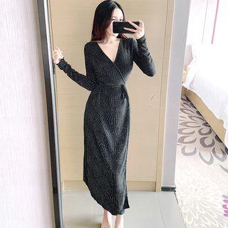Long-sleeve Midi Wrap Knit Dress Black - One Size