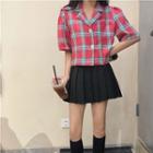 Plaid Short-sleeve Cropped Shirt / Pleated Mini Skirt