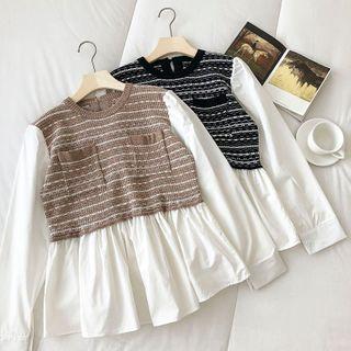 Mock Two-piece Panel Striped Long-sleeve Blouse