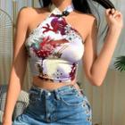 Halter-neck Floral Print Frog-buttoned Crop Top