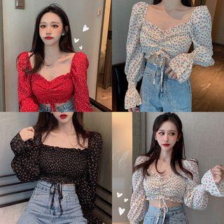 Long-sleeve Floral Drawstring Cropped Chiffon Top