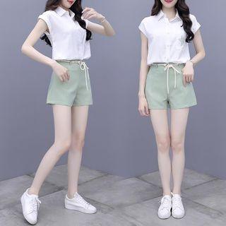 Set: Cap-sleeve Shirt + High-waist Shorts