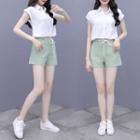 Set: Cap-sleeve Shirt + High-waist Shorts
