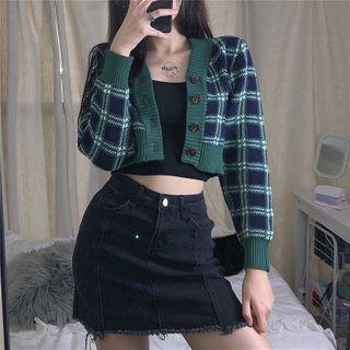 Plaid Button-up Crop Cardigan