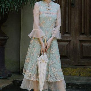 3/4-sleeve Lace A-line Midi Qipao Dress