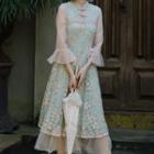 3/4-sleeve Lace A-line Midi Qipao Dress