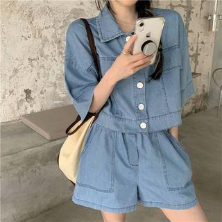 Elbow-sleeve Denim Shirt / Wide Leg Denim Shorts