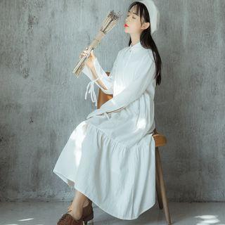 Long-sleeve Buttoned Collared Midi A-line Dress