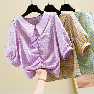 Gingham Shirred Short-sleeve Blouse