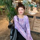 Long-sleeve Tie-dyed Sheer Top Purple - One Size