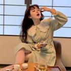 Peter Pan Collar Lace Long-sleeve Dress Pea Green - One Size