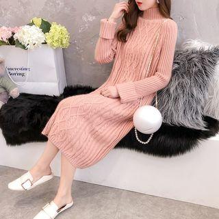 Turtleneck Midi Cable Knit Sweater Dress