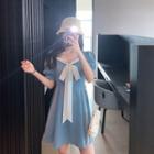 Puff-sleeve Bow Mini A-line Dress Short - Blue - One Size